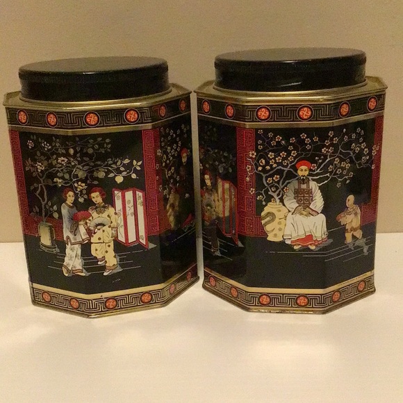 Vintage asian tea cannisters retro decor collectible black gold red authentic - Picture 2 of 9